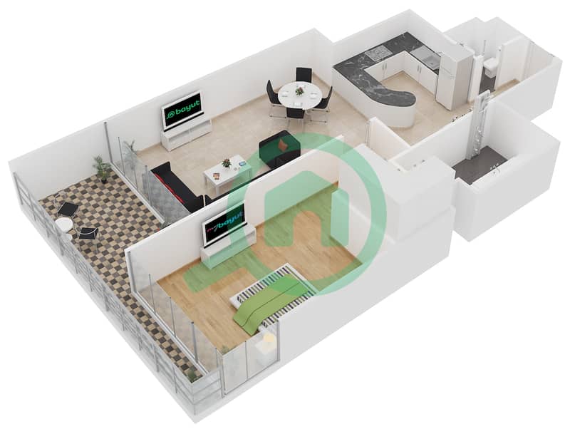Вэйвс Тауэр B - Апартамент 1 Спальня планировка Тип L-1-D interactive3D