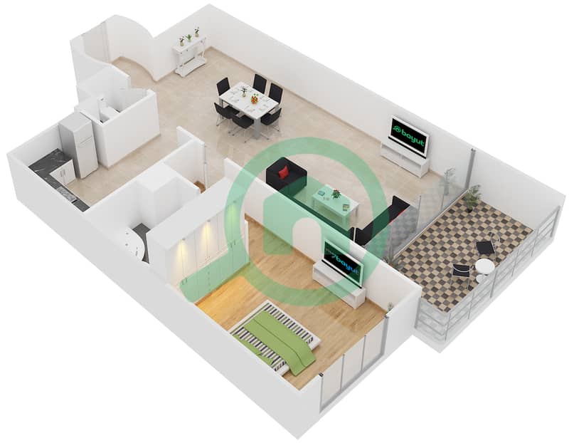 波澜大厦B座 - 1 卧室公寓类型L-1-B戶型图 interactive3D
