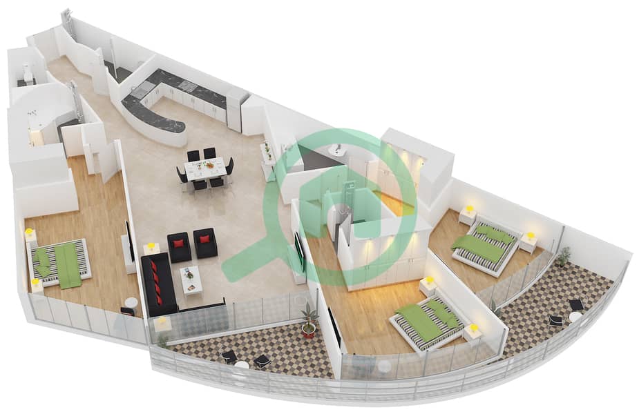 波澜大厦B座 - 3 卧室公寓类型L-3-A戶型图 interactive3D