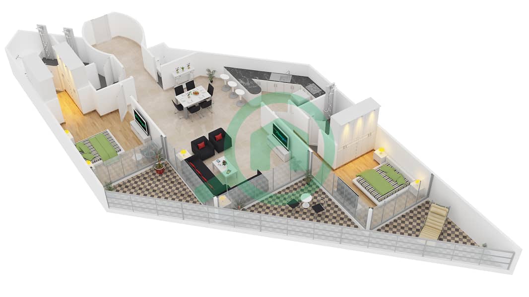 波澜大厦B座 - 2 卧室公寓类型L-2-C戶型图 interactive3D