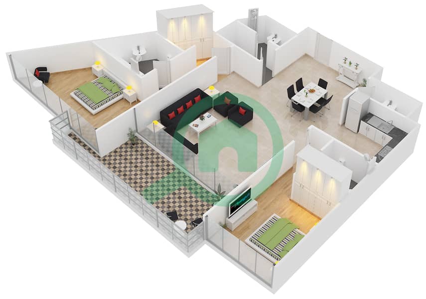 المخططات الطابقية لتصميم النموذج L-2-B شقة 2 غرفة نوم - ويفز تاور 2 interactive3D
