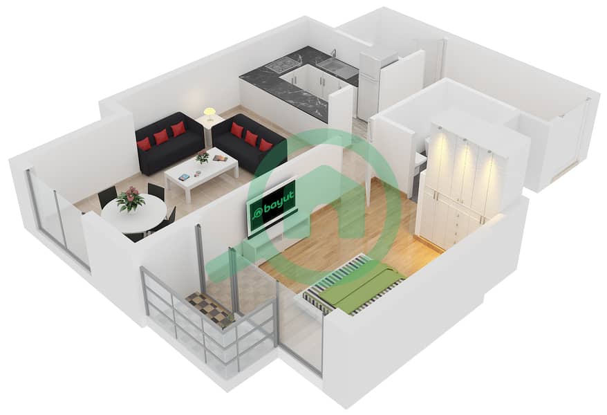 المخططات الطابقية لتصميم الوحدة 3 شقة 1 غرفة نوم - برج الحبتور interactive3D