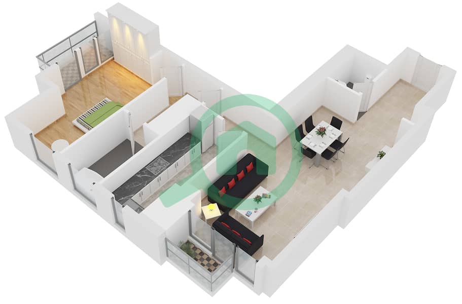 المخططات الطابقية لتصميم الوحدة 6 شقة 1 غرفة نوم - برج الحبتور interactive3D