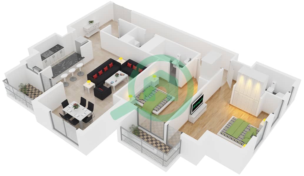 Здание Аль Хабтура - Апартамент 2 Cпальни планировка Единица измерения 1 interactive3D