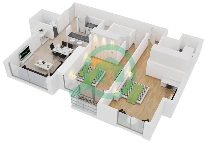 المخططات الطابقية لتصميم الوحدة 2 شقة 2 غرفة نوم - برج الحبتور interactive3D
