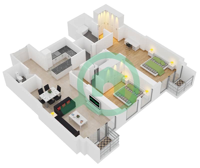 المخططات الطابقية لتصميم الوحدة 11 شقة 2 غرفة نوم - برج الحبتور interactive3D