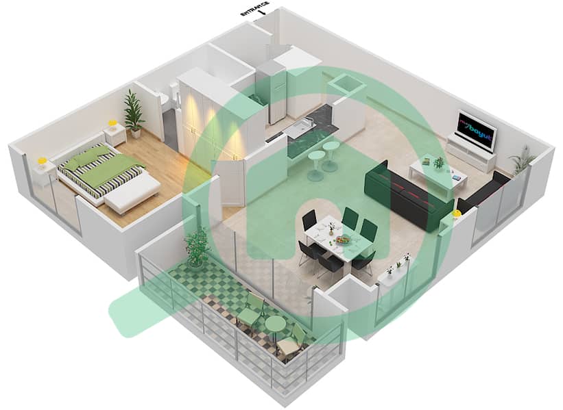 المخططات الطابقية لتصميم النموذج A شقة 1 غرفة نوم - برج سكون interactive3D