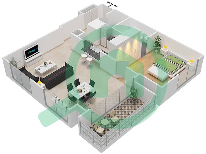 المخططات الطابقية لتصميم النموذج B شقة 1 غرفة نوم - برج سكون interactive3D