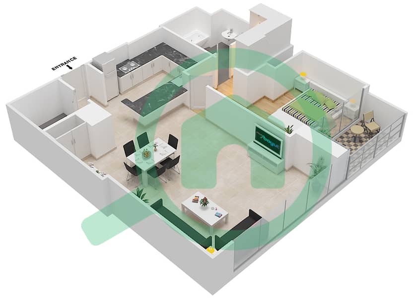 Sukoon Tower - 1 Bedroom Apartment Type D Floor plan interactive3D