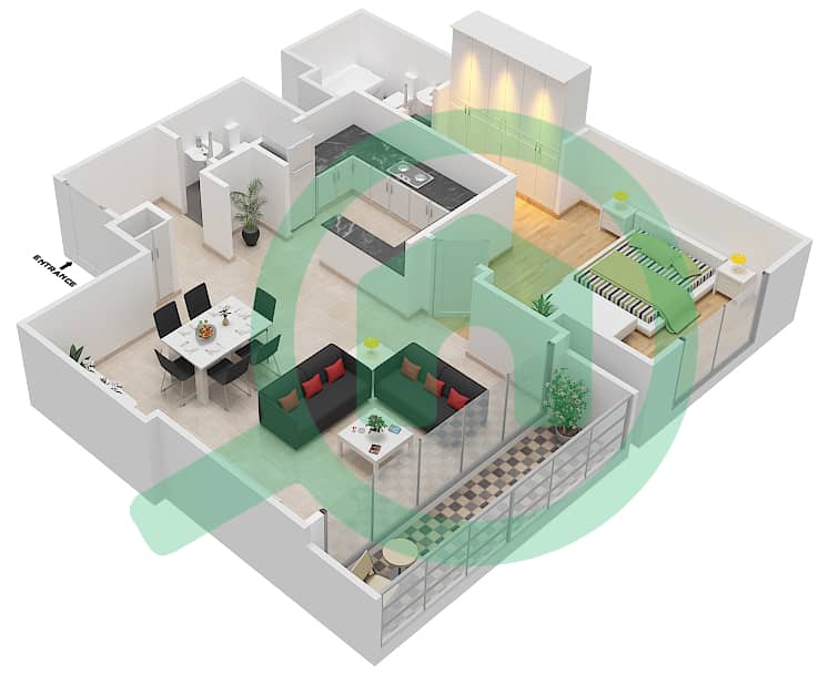 Sukoon Tower - 1 Bedroom Apartment Type C Floor plan interactive3D