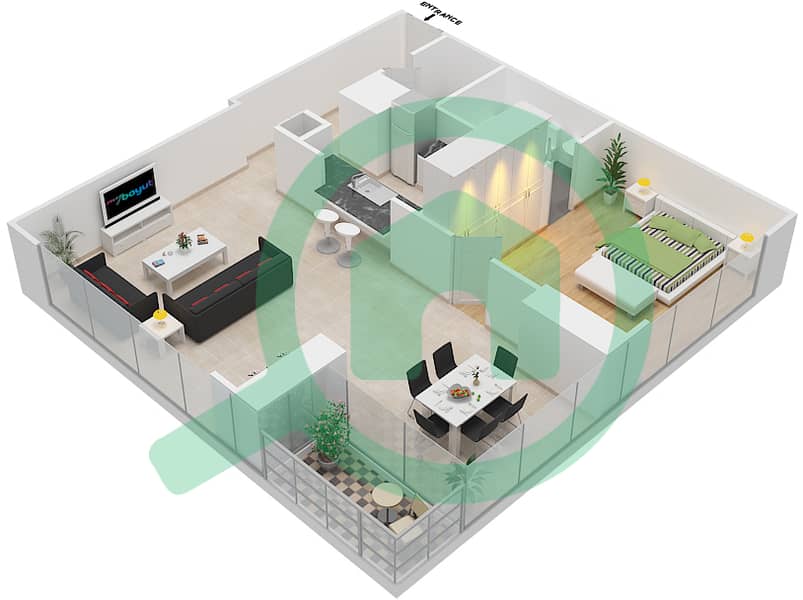 المخططات الطابقية لتصميم النموذج E شقة 1 غرفة نوم - برج سكون interactive3D