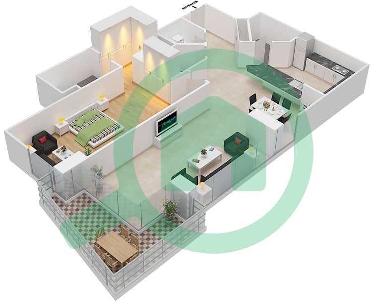 المخططات الطابقية لتصميم النموذج F شقة 1 غرفة نوم - برج سكون interactive3D