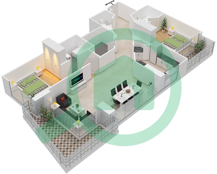 المخططات الطابقية لتصميم النموذج A شقة 2 غرفة نوم - برج سكون interactive3D