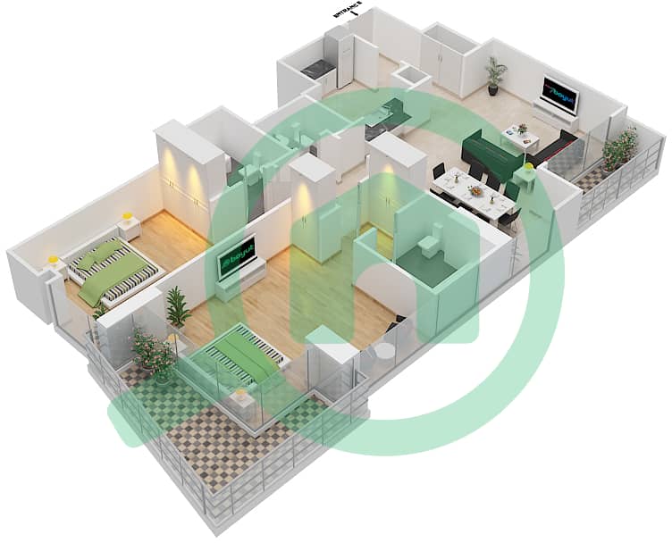 苏坤大厦 - 2 卧室公寓类型B戶型图 interactive3D