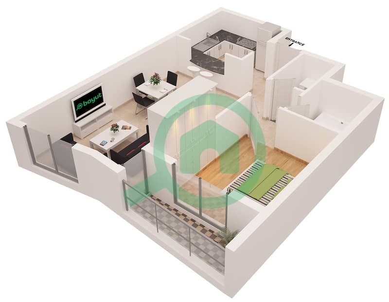 المخططات الطابقية لتصميم النموذج B شقة 1 غرفة نوم - مارينا دايموند 1 interactive3D
