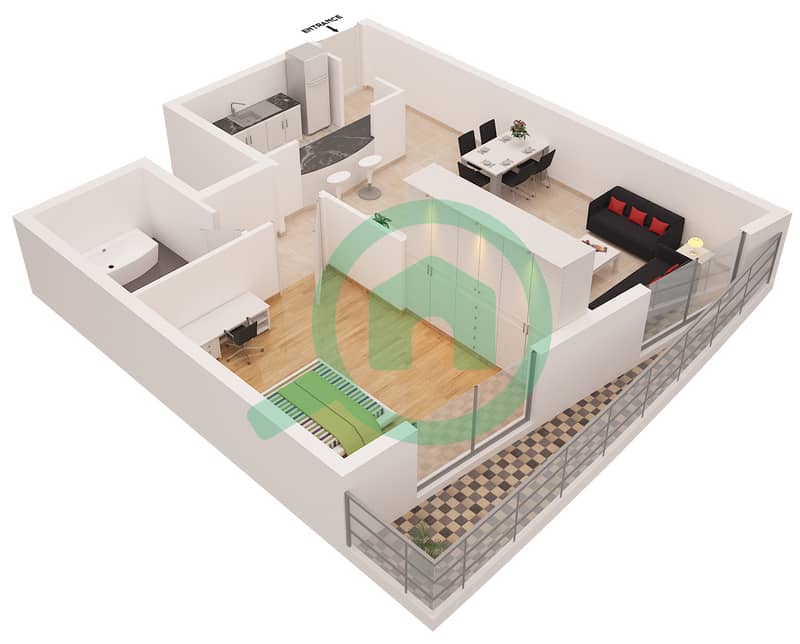 Marina Diamond 1 - 1 Bedroom Apartment Type A Floor plan interactive3D
