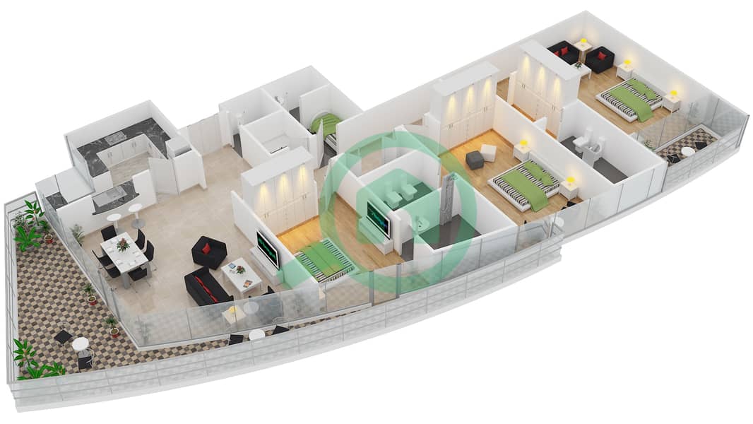 المخططات الطابقية لتصميم النموذج 01 شقة 3 غرف نوم - باي سايد ريزيدنس interactive3D