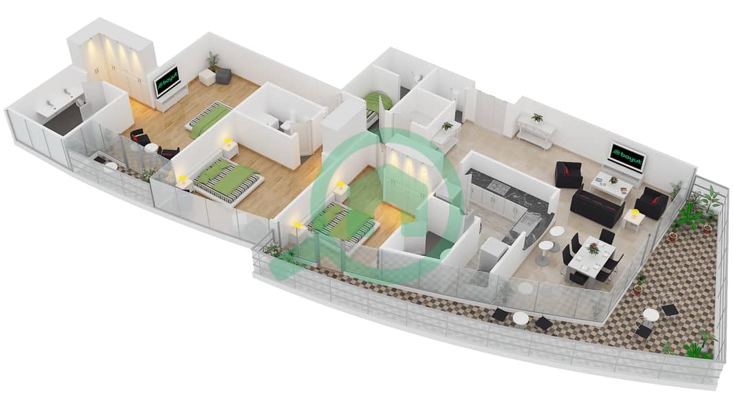 贝赛尔公寓 - 3 卧室公寓类型02戶型图 interactive3D