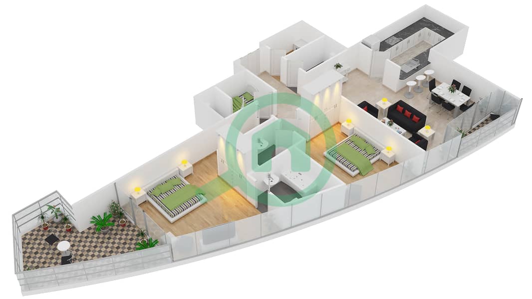 Бейсайд Резиденс - Апартамент 2 Cпальни планировка Тип 3 CONDOMINIUM interactive3D