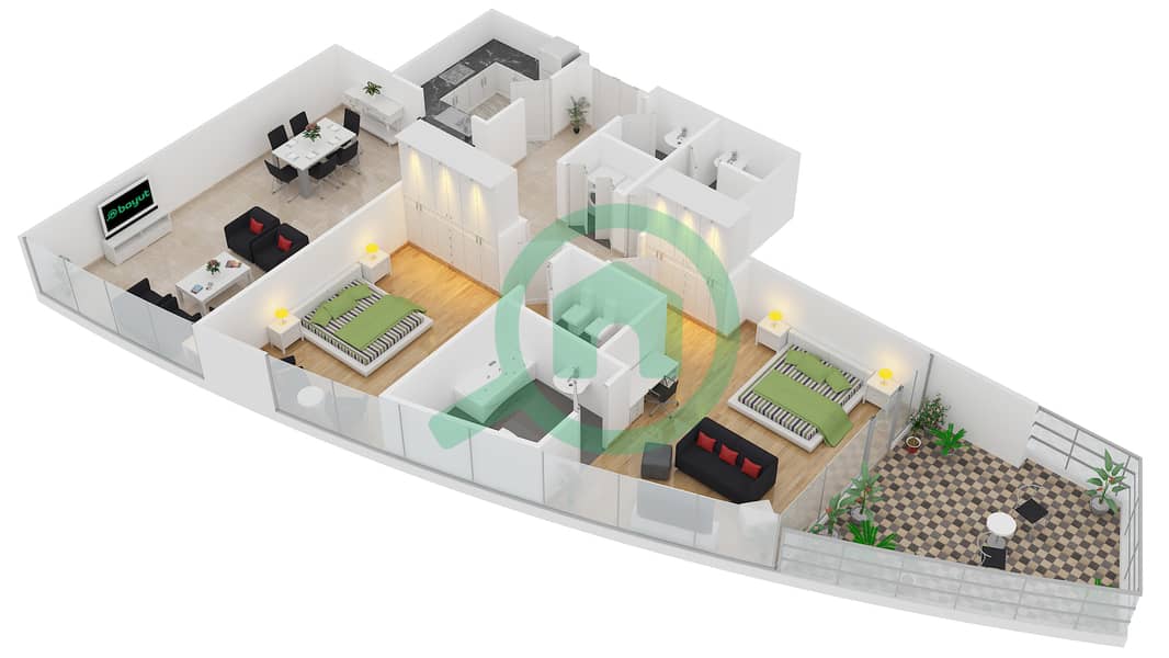 المخططات الطابقية لتصميم النموذج 05 شقة 2 غرفة نوم - باي سايد ريزيدنس interactive3D