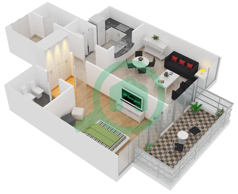 المخططات الطابقية لتصميم النموذج 04 شقة 1 غرفة نوم - باي سايد ريزيدنس interactive3D
