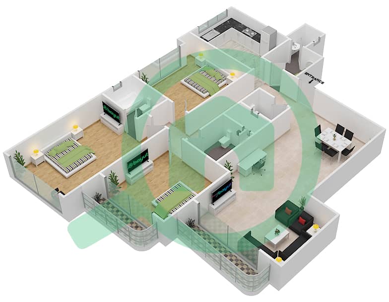 Future Tower 1 - 3 Bedroom Apartment Unit 1 Floor plan interactive3D