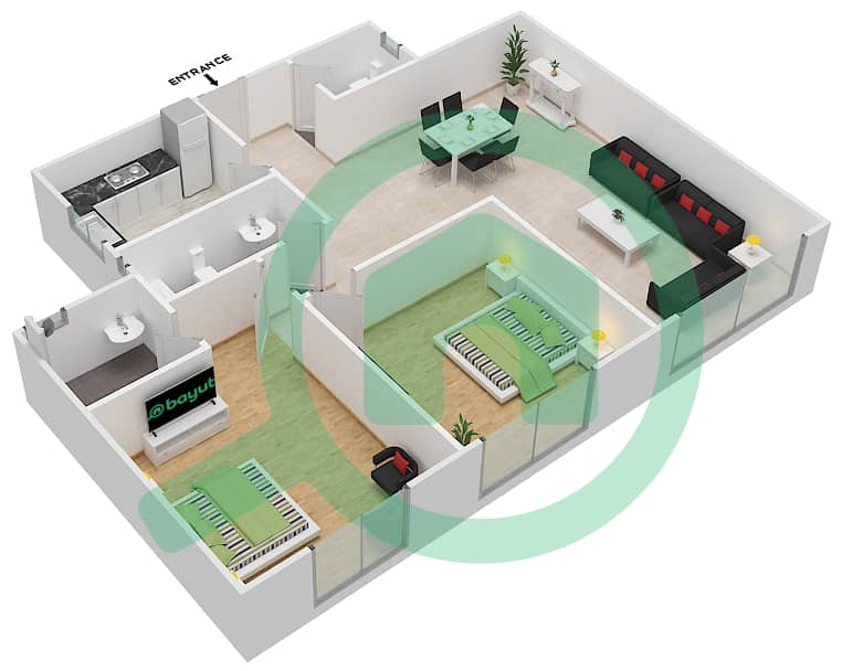 المخططات الطابقية لتصميم الوحدة 5 شقة 2 غرفة نوم - برج المستقبل 1 interactive3D