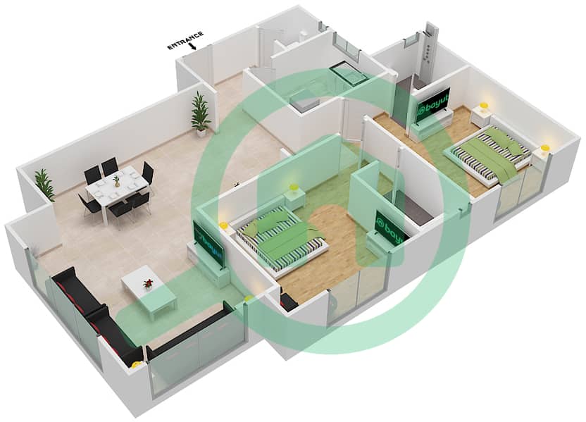 المخططات الطابقية لتصميم الوحدة 2 شقة 2 غرفة نوم - برج المستقبل 1 interactive3D