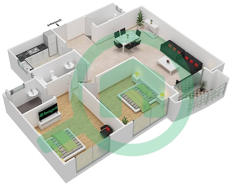 المخططات الطابقية لتصميم الوحدة 3 شقة 2 غرفة نوم - برج المستقبل 1 interactive3D