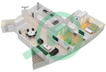 المخططات الطابقية لتصميم الوحدة 6 شقة 2 غرفة نوم - برج المستقبل 2