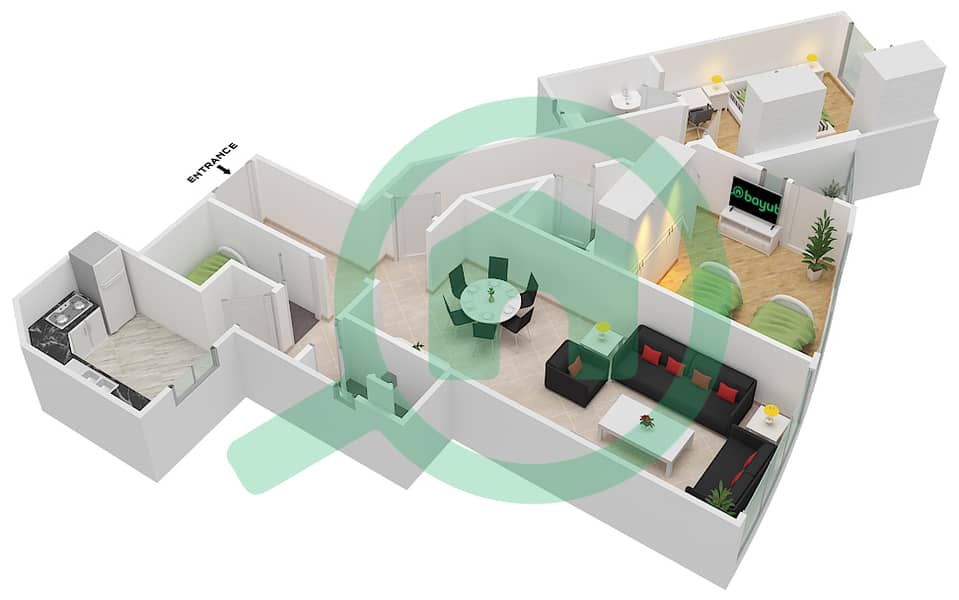المخططات الطابقية لتصميم الوحدة 7 شقة 2 غرفة نوم - برج المستقبل 2 image3D