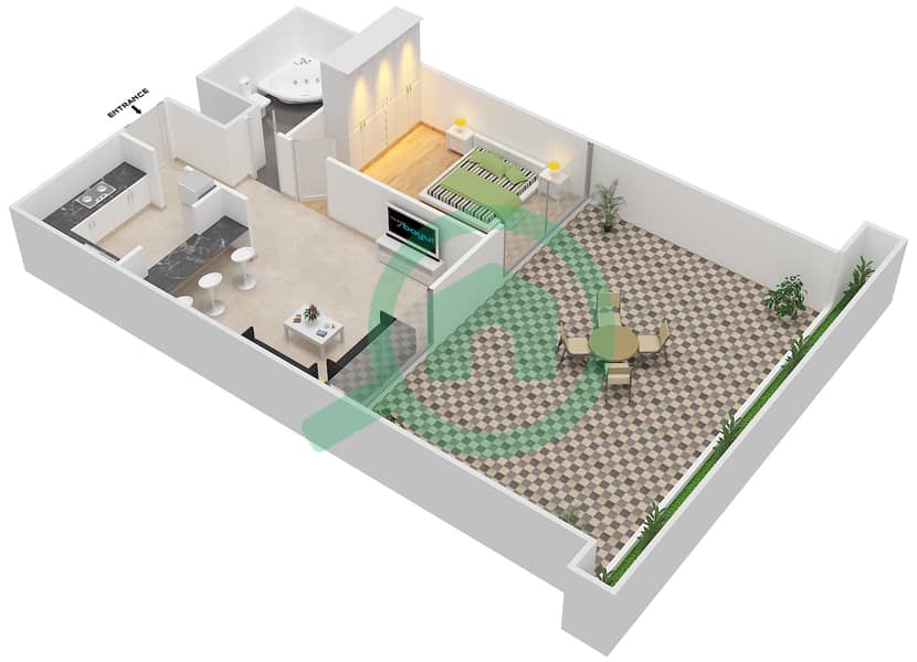 المخططات الطابقية لتصميم النموذج 6 شقة 1 غرفة نوم - أزور interactive3D