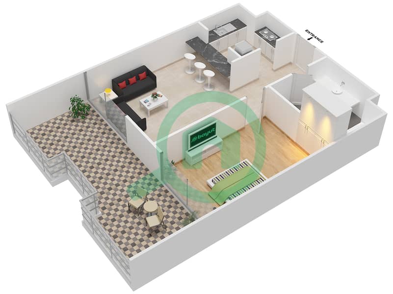 المخططات الطابقية لتصميم النموذج 102,106,108, شقة 1 غرفة نوم - أزور interactive3D