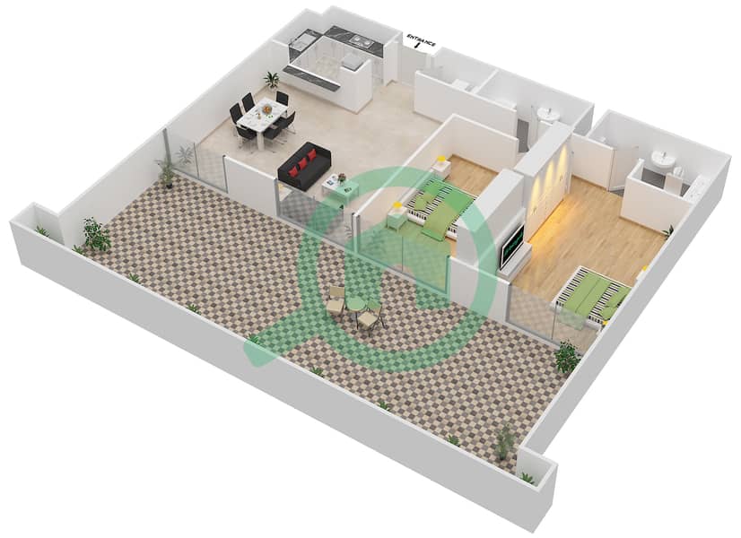 المخططات الطابقية لتصميم النموذج 12 شقة 2 غرفة نوم - أزور interactive3D