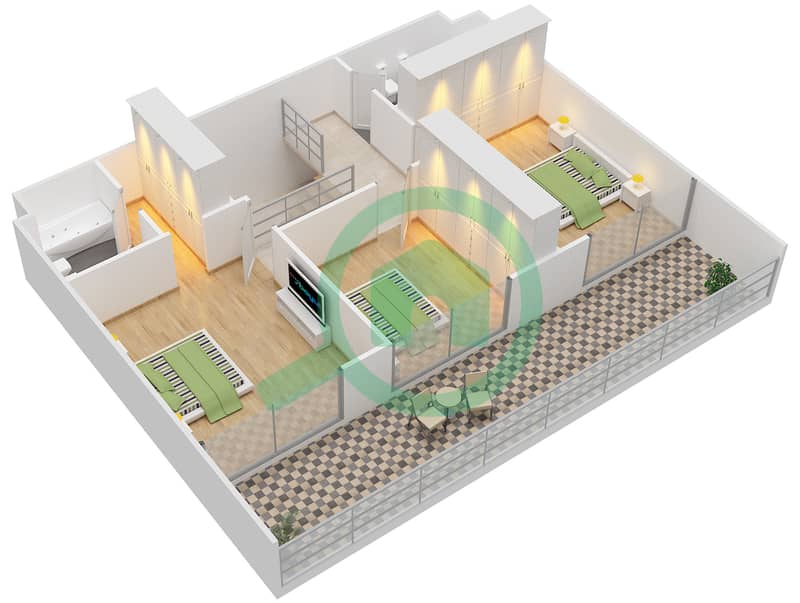 المخططات الطابقية لتصميم النموذج 10,14 شقة 3 غرف نوم - أزور interactive3D