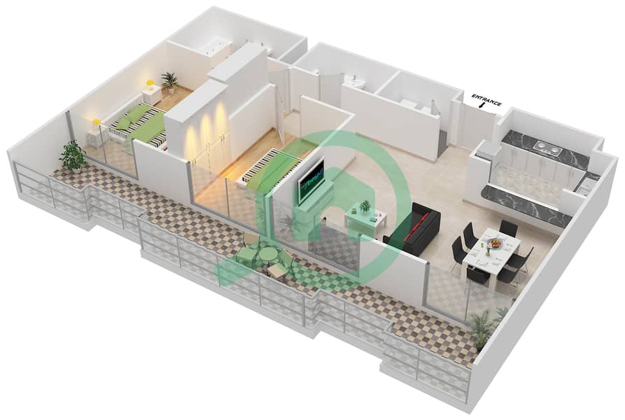 Азур - Апартамент 2 Cпальни планировка Тип 105 interactive3D