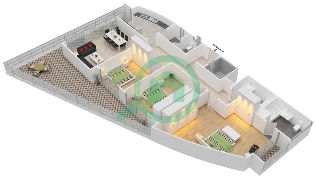 Азур - Апартамент 3 Cпальни планировка Тип 115 interactive3D