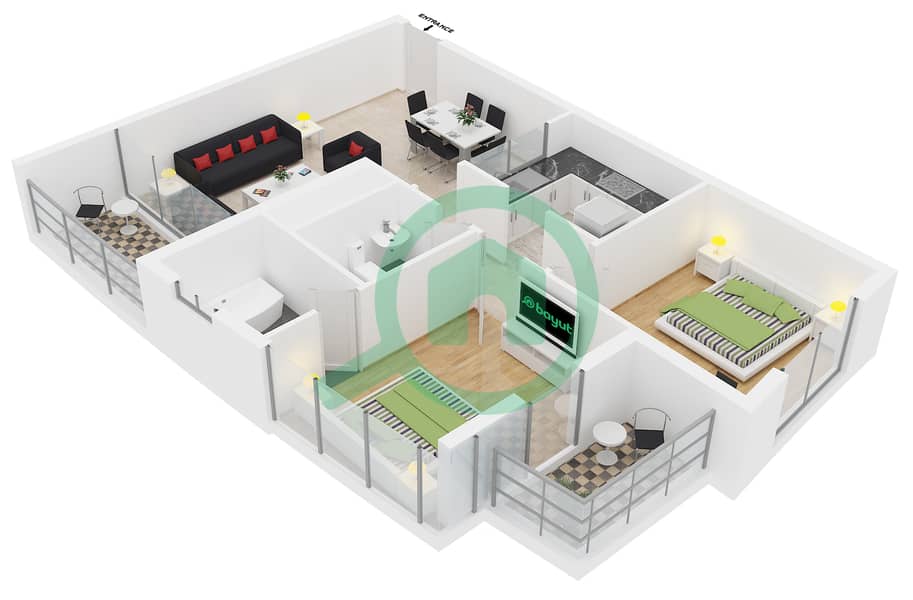 滨海钻石3号楼 - 2 卧室公寓类型／单位A/1-2戶型图 interactive3D