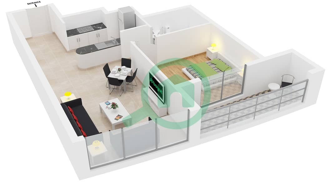 滨海钻石3号楼 - 1 卧室公寓类型／单位A/12,14戶型图 interactive3D