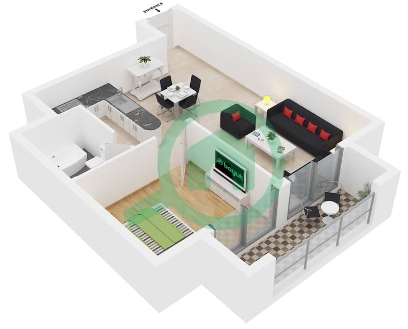 滨海钻石3号楼 - 1 卧室公寓类型／单位B/13戶型图 interactive3D