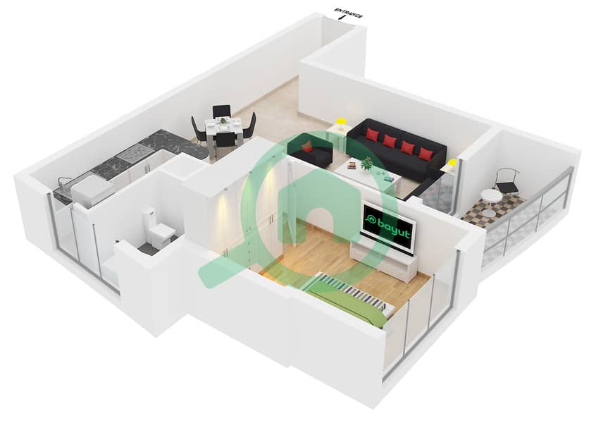 滨海钻石3号楼 - 1 卧室公寓类型／单位C/9,11戶型图 interactive3D