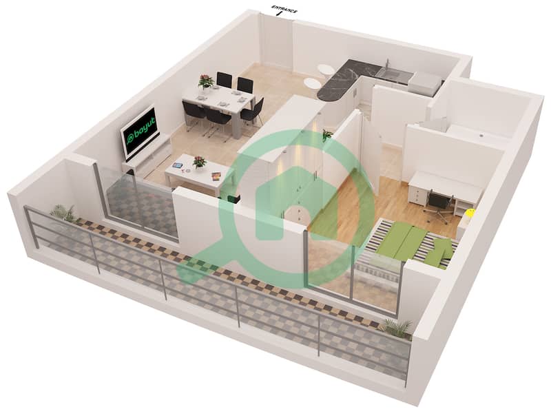 المخططات الطابقية لتصميم النموذج C شقة 1 غرفة نوم - مارينا دايموند 1 interactive3D