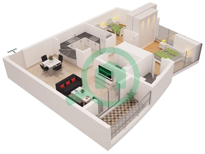 Марина Даймонд 1 - Апартамент 2 Cпальни планировка Тип F Floor 1-13 interactive3D