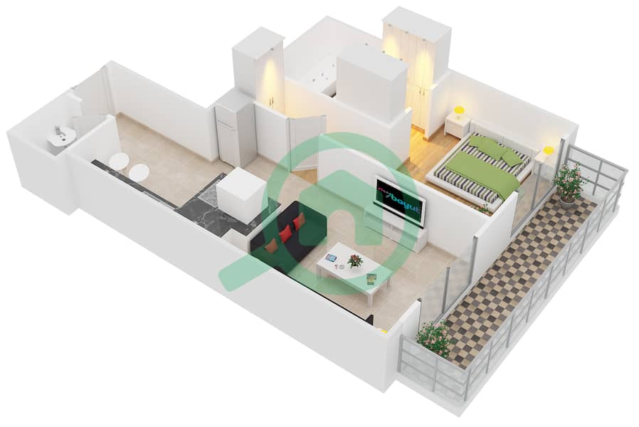 المخططات الطابقية لتصميم الوحدة 5 شقة 1 غرفة نوم - برج كونتيننتال interactive3D