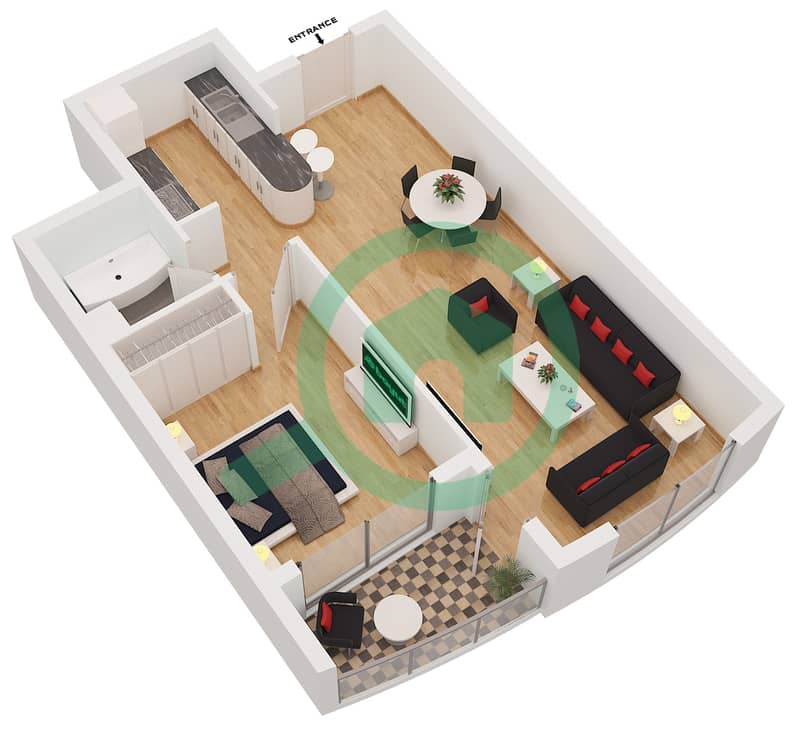 滨海钻石2号楼 - 1 卧室公寓类型／单位A/4戶型图 interactive3D