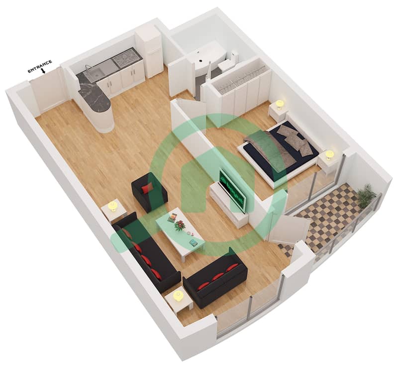 滨海钻石2号楼 - 1 卧室公寓类型／单位C/9戶型图 interactive3D