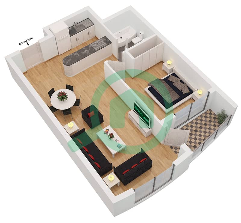 滨海钻石2号楼 - 1 卧室公寓类型／单位D/13,18戶型图 interactive3D