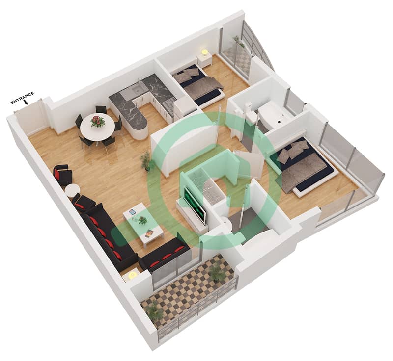 滨海钻石2号楼 - 2 卧室公寓类型／单位B/1,3,10,12戶型图 interactive3D