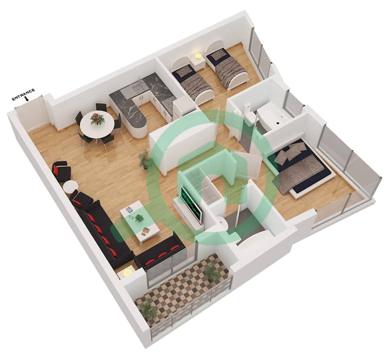 滨海钻石2号楼 - 2 卧室公寓类型／单位A/1,3,10,12戶型图 interactive3D