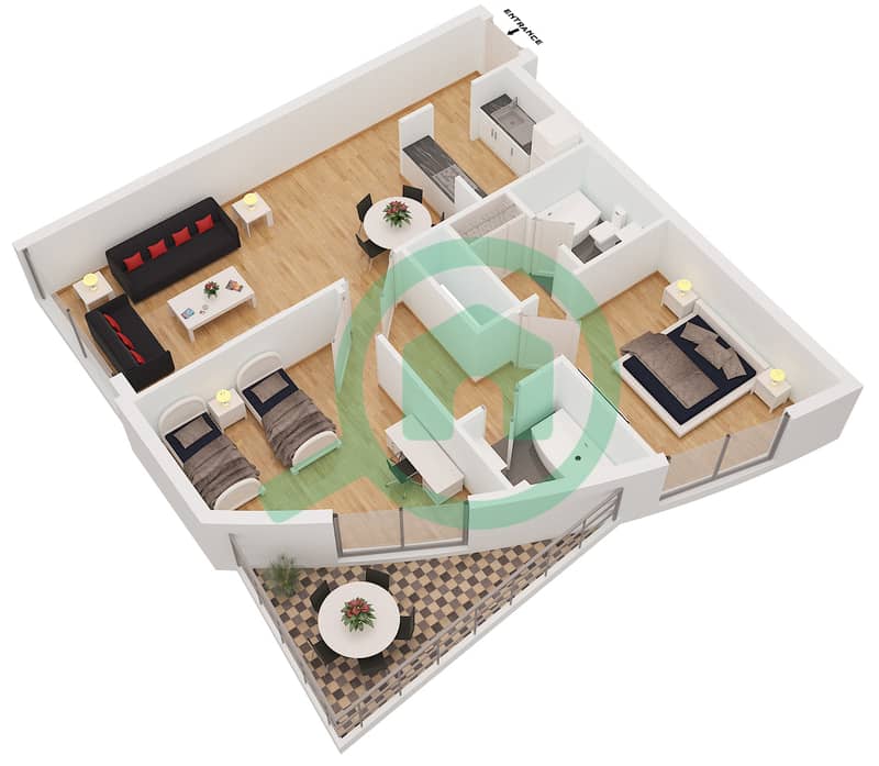 滨海钻石2号楼 - 2 卧室公寓类型／单位C/1,3,10,12戶型图 interactive3D